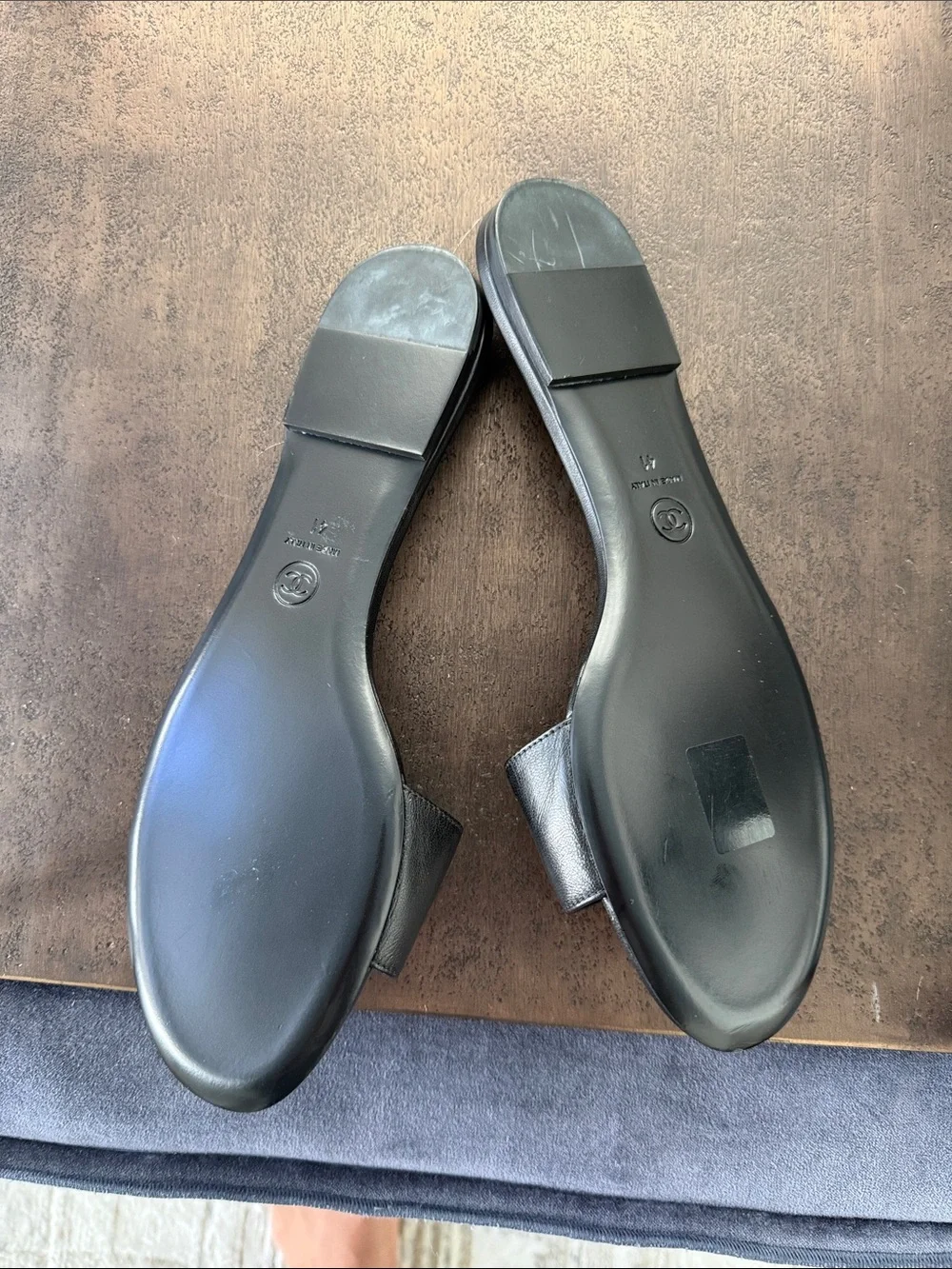 CHANEL Black Leather Camellia Slide Sandals